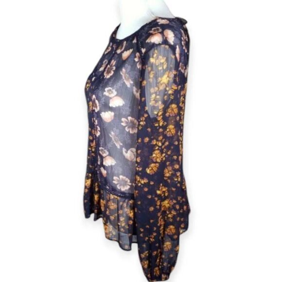 XHILARATION NAVY & PEACH FLORAL SHEER BOHO-INSPIRED BLOUSE SZ.S EUC. - Picture 2 of 5
